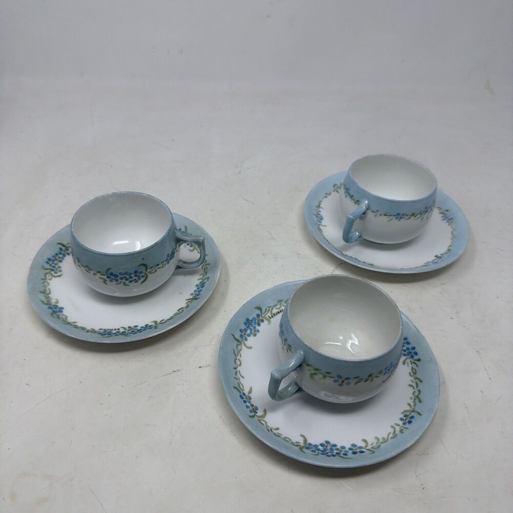 Antique Germany Porcelain Cup & Saucer Set of 3 Hand-Painted Blue Floral